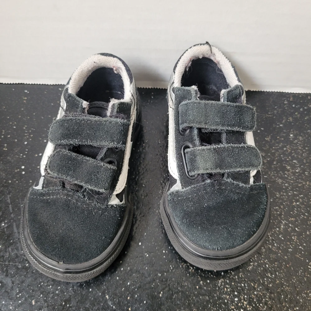 Kids Black Suede Vans With Silver Flames Sneakers